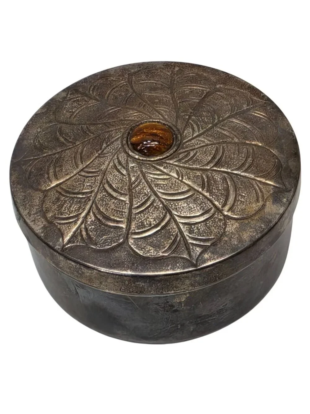 International Silver Co Silverplate Round Trinket Box India Amber Knob